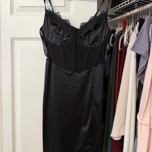 SHEIN Black Satin Lace-Trim Slip Dress